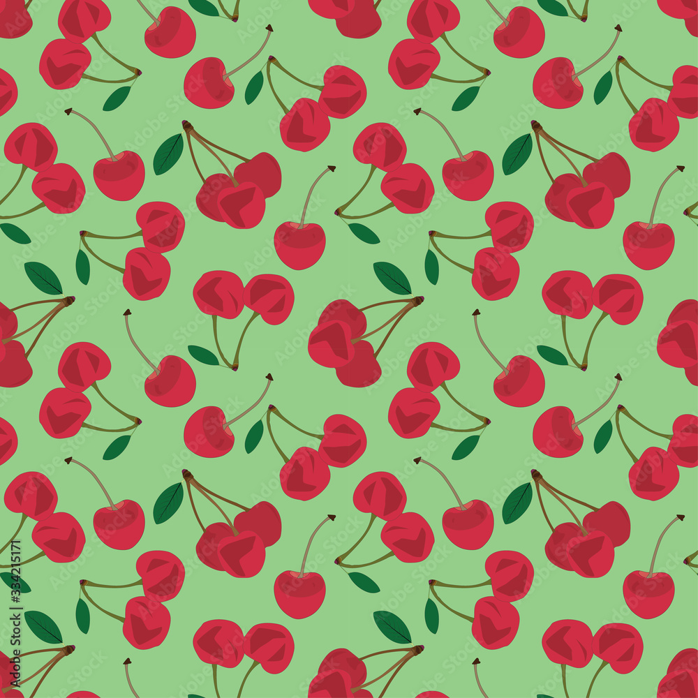 seamless pattern with the red cherries. sweet red rip cherry berries on green background. seamless pattern with the red cherries. sweet red rip cherry berries on green background.