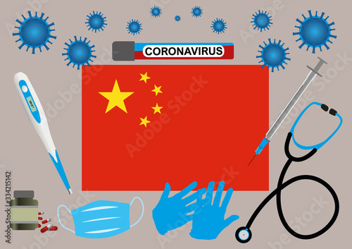 Vector illustration of a coronavirus epidemic in China.Protective mask, gloves, medicines and medical equipment.Chinese flag and coronavirus blood sample.Coronavirus 2019-nCoV.Graphic element.