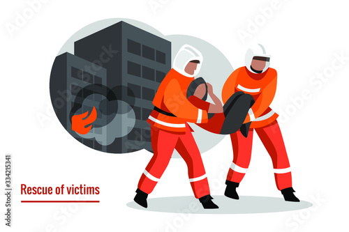 Rescue of the victim in a natural disaster. Fire, firemen, burning building.Vector illustration.