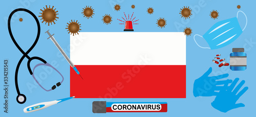 Vector illustration of a coronavirus epidemic in Poland .Protective mask, gloves, medicines and medical equipment.Polish flag  and coronavirus blood sample.Coronavirus 2019-nCoV.Graphic element.