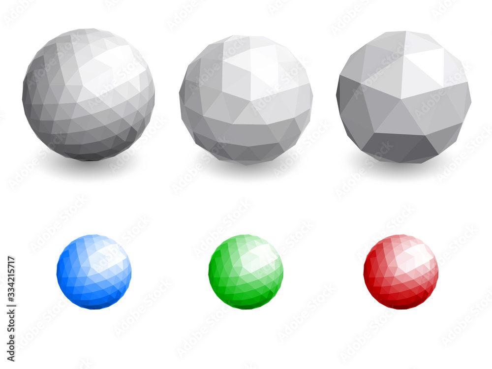 Faceted triangle spheres isolated on white background with color samples. Vector illustration. Faceted triangle spheres isolated on white background with color samples. Vector illustration.