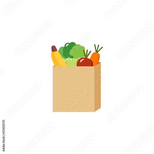 A paper bag full of vegetables and fruits purchased, vector illustration. online delivery