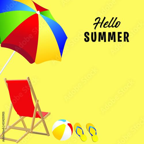 illustrazione di una grafica colorata di giallo per l'estate. Con ombrellone sdriaio, ciabatte e pallone