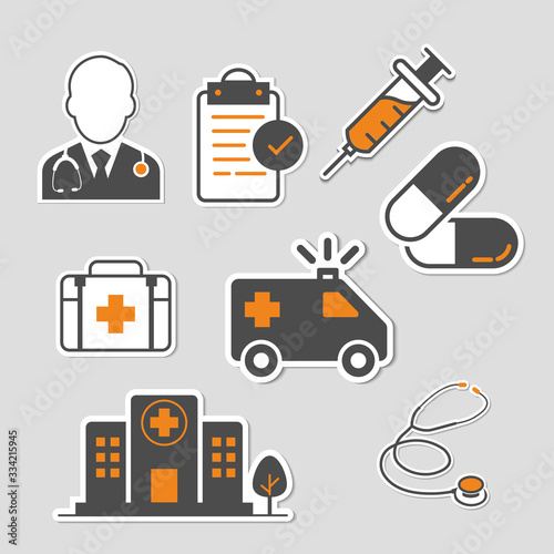 Hospital buildings,Stethoscope,Emergency Ambulance,Pills,Medical history,Syringe,Doctor,First aid kit,vector illustrations