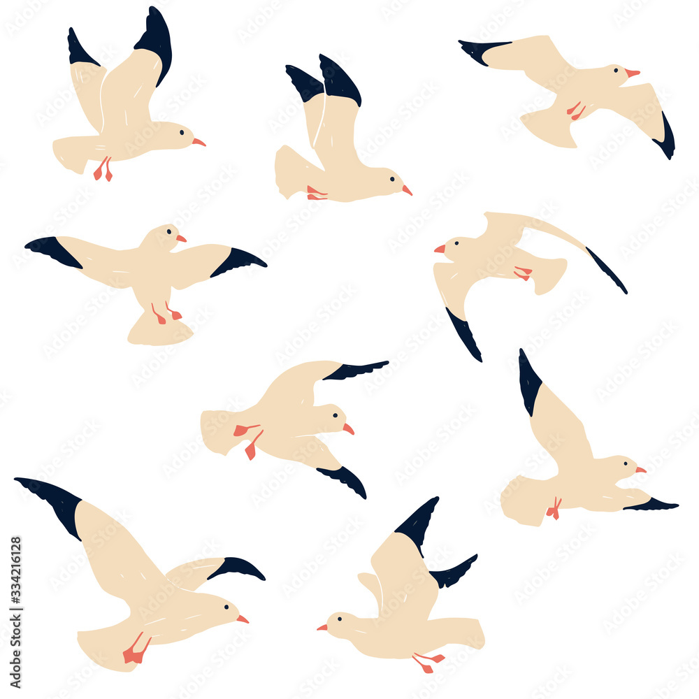 Seagulls vector illustration. Cute hand drawn cartoon seagull set isolated on white background Seagulls vector illustration. Cute hand drawn cartoon seagull set isolated on white background