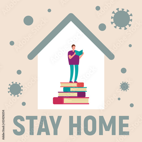 Man in the house is inside reading books. Vector concept with man on quarantine and self isolation reading books. Stay home