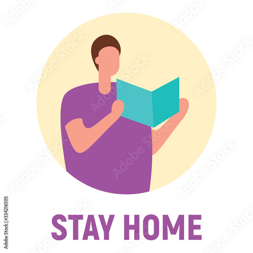 Stay home and read books. Vector concept with man on quarantine and self isolation read books