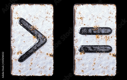 Set of ymbols right angle bracket and equals made of forged metal on the background fragment of a metal surface with cracked rust. photo