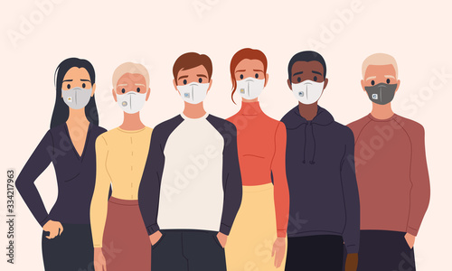 Group of people wearing medical masks to prevent disease, flu, air pollution, contaminated air, world pollution. Vector illustration in a flat style