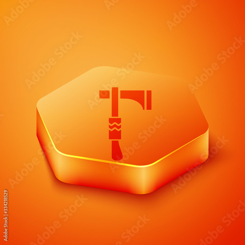 Isometric Native american tomahawk axe icon isolated on orange background. Orange hexagon button. Vector Illustration