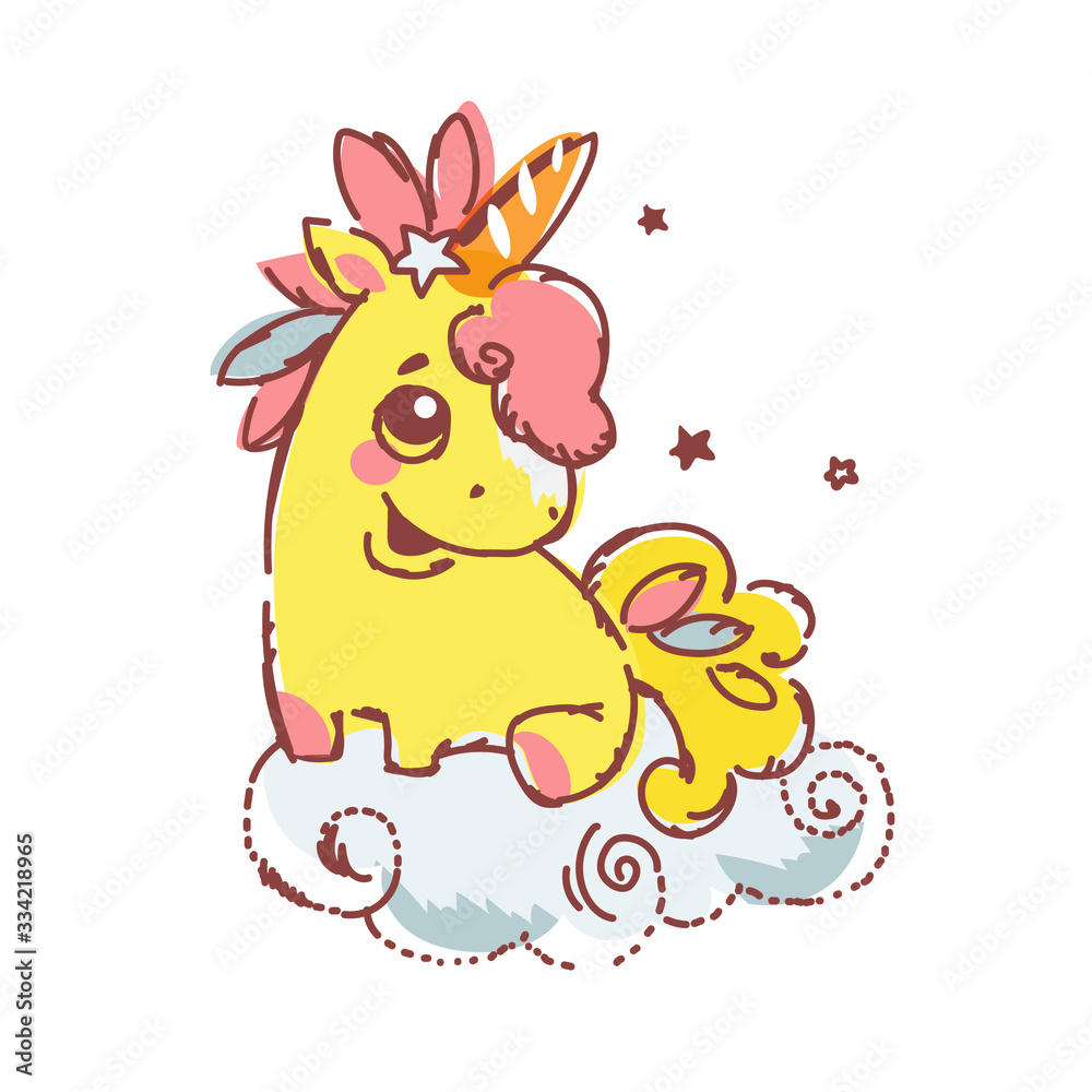 Cute character newborn unicorn on a cloud. Vector illustration.. Cute character newborn unicorn on a cloud. Vector illustration..