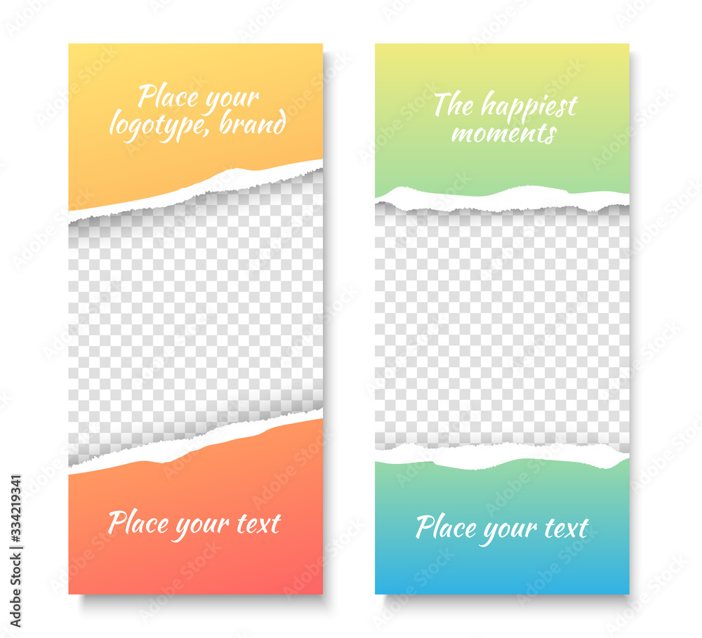 Obraz premium Social media stories gradient background set. Tear paper insta story color backgrounds with transparent hole. Vector blue, green, yellow, red pastel colour modern app design template, place for photo 