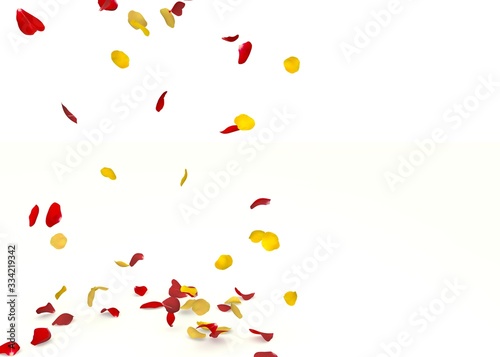 Yellow and red rose petals fall to the floor