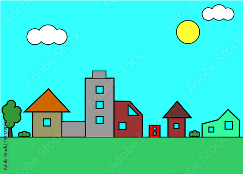 Vector flat illustration of city landscape. Elements are layered separately in vector file. Easy editable.