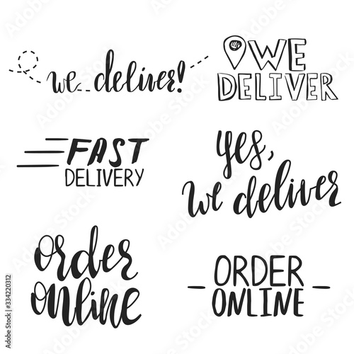 Vector set of hand written phrases We Deliver, Order online and other.