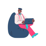 Cartoon man with laptop sitting on bean bag chair and smiling