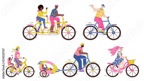 Bicycle races set with people riding bike cartoon vector illustration isolated.