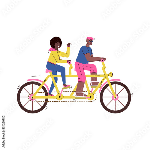 Fototapeta Naklejka Na Ścianę i Meble -  Tandem bicycle riders cartoon characters, sketch vector illustration isolated.