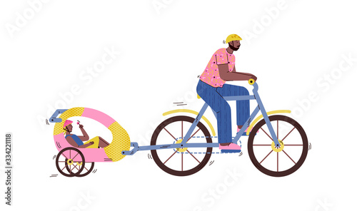 Cartoon man riding bicycle with little boy sitting in child bike trailer