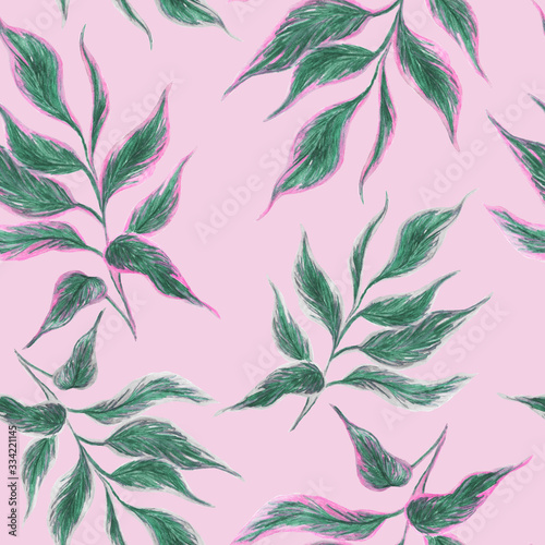 Watercolor painting seamless pattern with tropical leaves on pink background