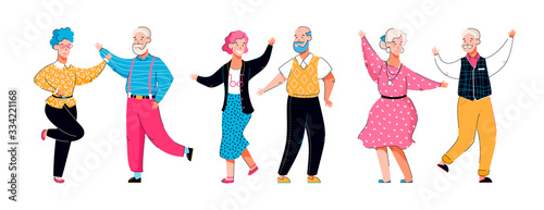 \Senior grandmothers and grandfathers dance cartoon vector illustration isolated.