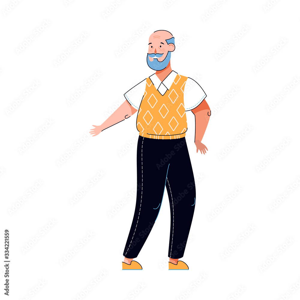 Senior bearded man cartoon character smiling, vector illustration isolated.