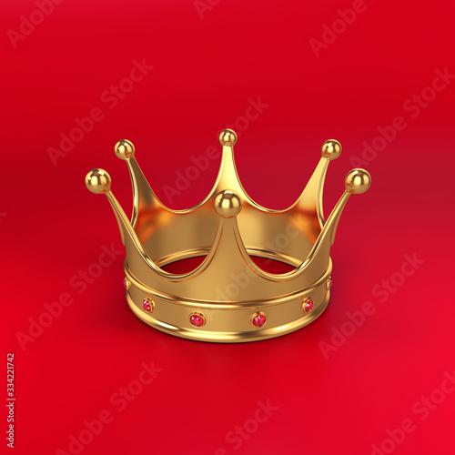 Gold crown on red background, 3D render