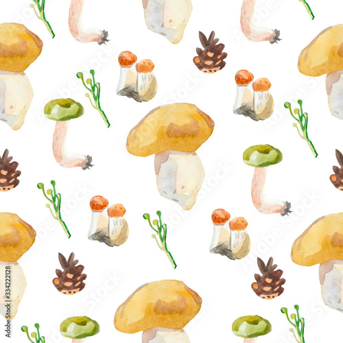 Fototapeta Naklejka Na Ścianę i Meble -  Seamless watercolor pattern with forest mushrooms. Botanical print on a white isolated background. Design for textiles,wrapping paper,packaging,social media,menu, wallpaper,banner,postcard,clothing.
