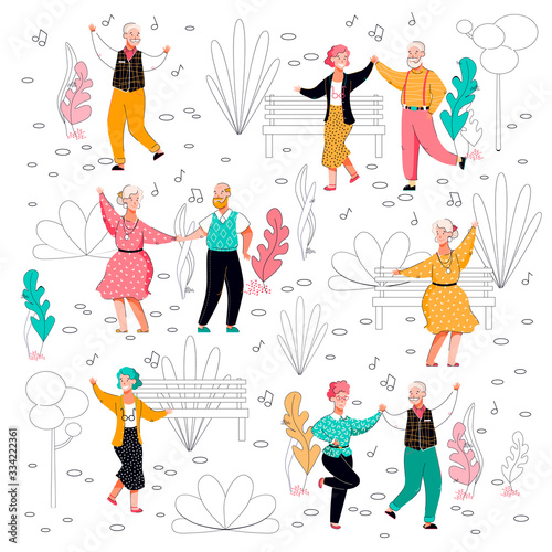Old people dancing in park - flat poster with group of senior dancers