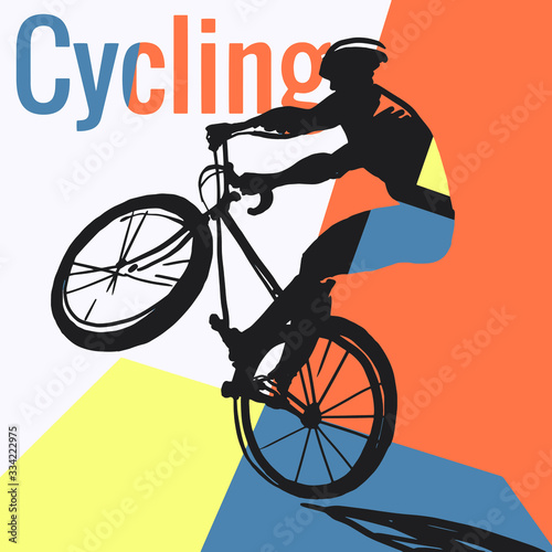 A cyclist performing a stunt on a Bicycle. Athlete, geometric vector illustration. Poster style photo