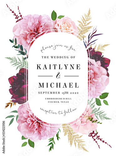 Oval baroque floral label pink frame arranged from leaves and flowers