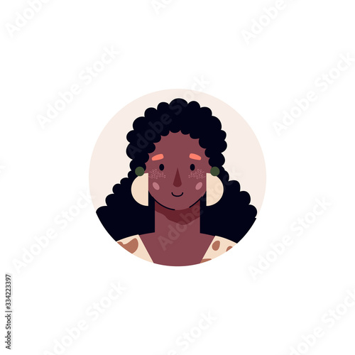 Flat female avatar - cartoon African woman with black curly hair