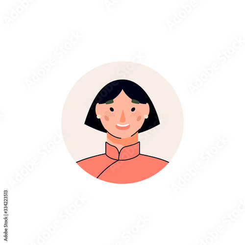 Cartoon female avatar - happy Asian woman with short black hair