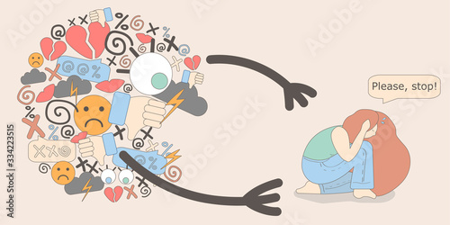 illustration of cyberbullying. online pressure. Posting sexual remarks, or pejorative labels. profanity and sexual harassment. woman is under pressure from profanity and sexual harassment.