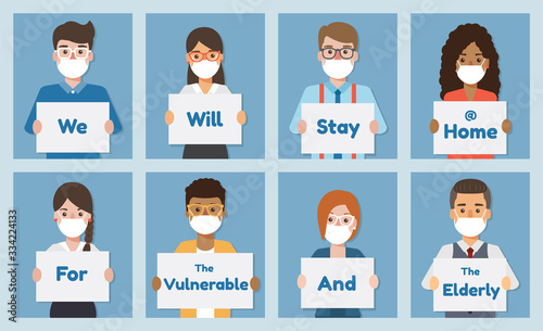People wearing face mask holding poster requesting people avoid Corona virus and Covid-19 spreading by staying at home. Corona virus Disease awareness.