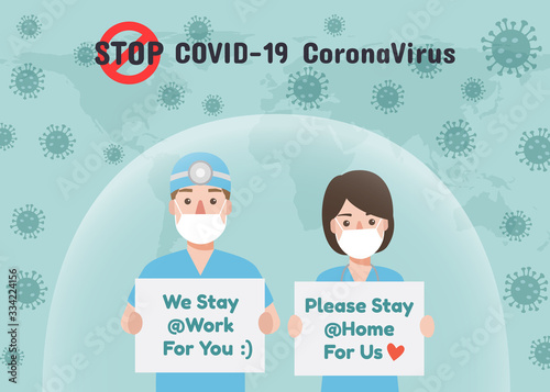 Doctors, nurses or medical staff wearing face mask holding poster requesting people avoid Corona virus and Covid-19 spreading by staying at home. Corona virus Disease awareness.