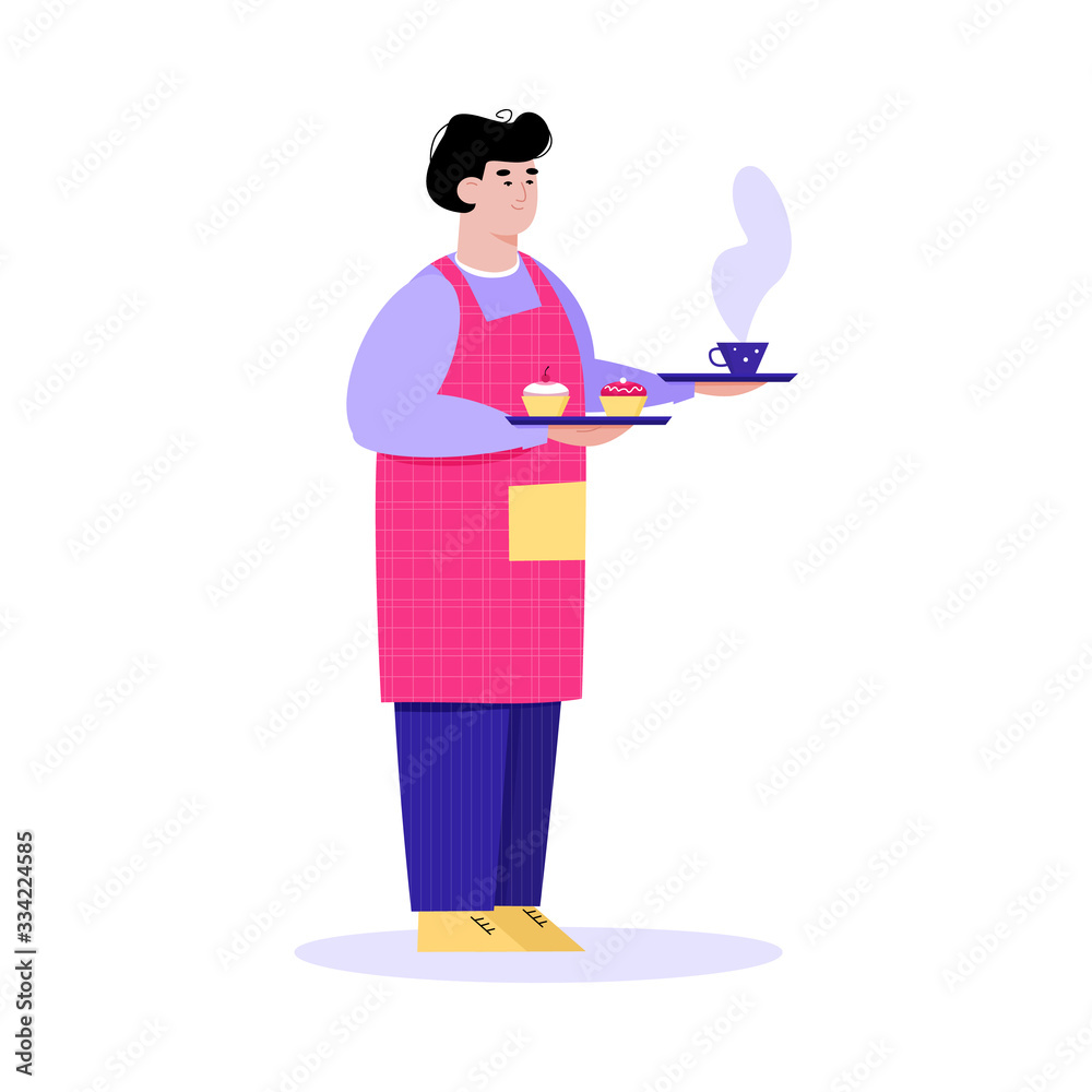 Male waiter holding cup of coffee and dessert cupcakes on trays Male waiter holding cup of coffee and dessert cupcakes on trays