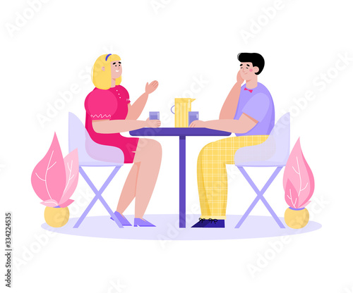 Cartoon couple in cafe sitting at table with drinks and talking