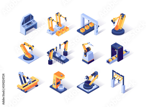 Robotization industry isometric icons set. Automatic equipment, production line manufacturer factory. Robotic arms for conveyor line 3d vector isometry. Programming welding and manipulating robots