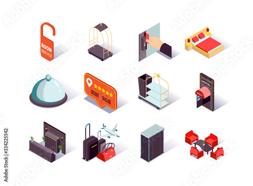 Hotel infrastructure isometric icons set. Hotel booking and review, reception desk, restaurant, lobby, suitcases and room service pictograms. Hotel reservation and touristic agency 3d vector isometry. photo