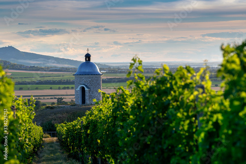 Stone chapel Hradistek on a hill among vineyards overlooking Palava photo