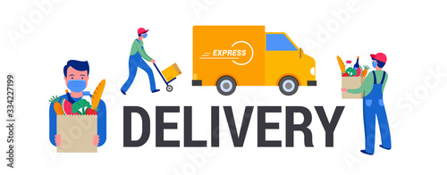 Safe online delivery during the coronavirus pandemic - online order tracking, delivery door to door, home and office. Warehouse, truck, drone, scooter and bicycle courier, delivery man in respiratory