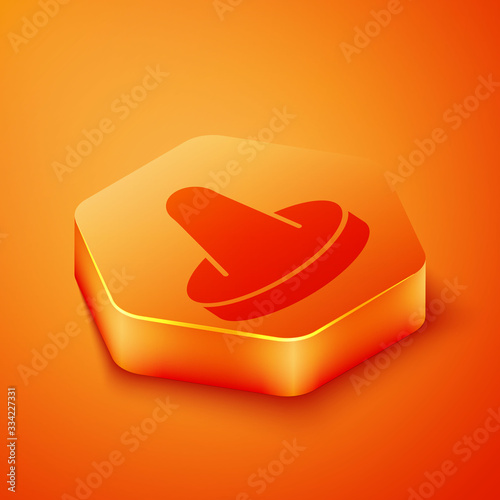 Isometric Mallet and puck for playing air hockey game icon isolated on orange background. Orange hexagon button. Vector Illustration