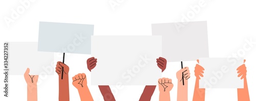 Vector illustration of people holding signs, banner and placards on a protest demostration or picket. People against violence, pollution, descrimination, human rights violation.