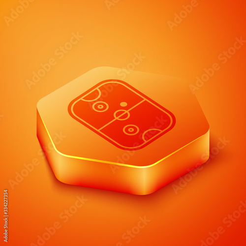 Isometric Air hockey table icon isolated on orange background. Orange hexagon button. Vector Illustration