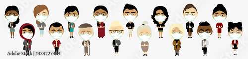 Set of masked people of different nationalities with sanitizers in their hands, as a preventive measure from the Coronavirus disease. Cartoon vector illustration.