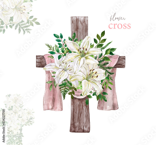 Hand drawn watercolor floral cross and white lily arrangement. Religious deco...