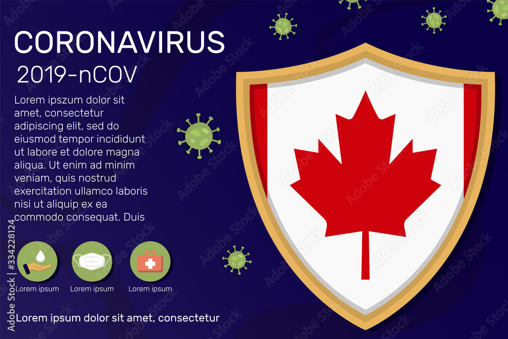 Shield covering and protecting of Canada. Conceptual banner, poster, advisory steps to follow during the outbreak of Covid-19, coronavirus. Do not panic stop corona virus together