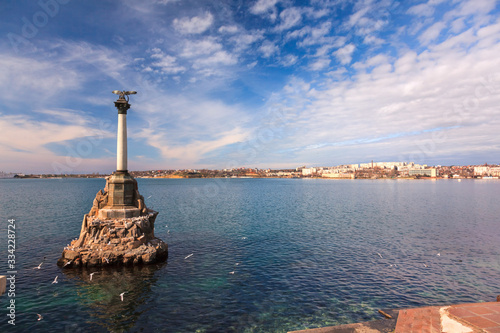 Monument to scuttled Russian ships to obstruct entrance to Sevastopol bay. Crimea, Russia