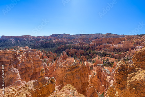 Panoramic view of amazing hoodoos sandstone formations in scenic Bryce Canyon National Parkon on a sunny day. Utah, USA
